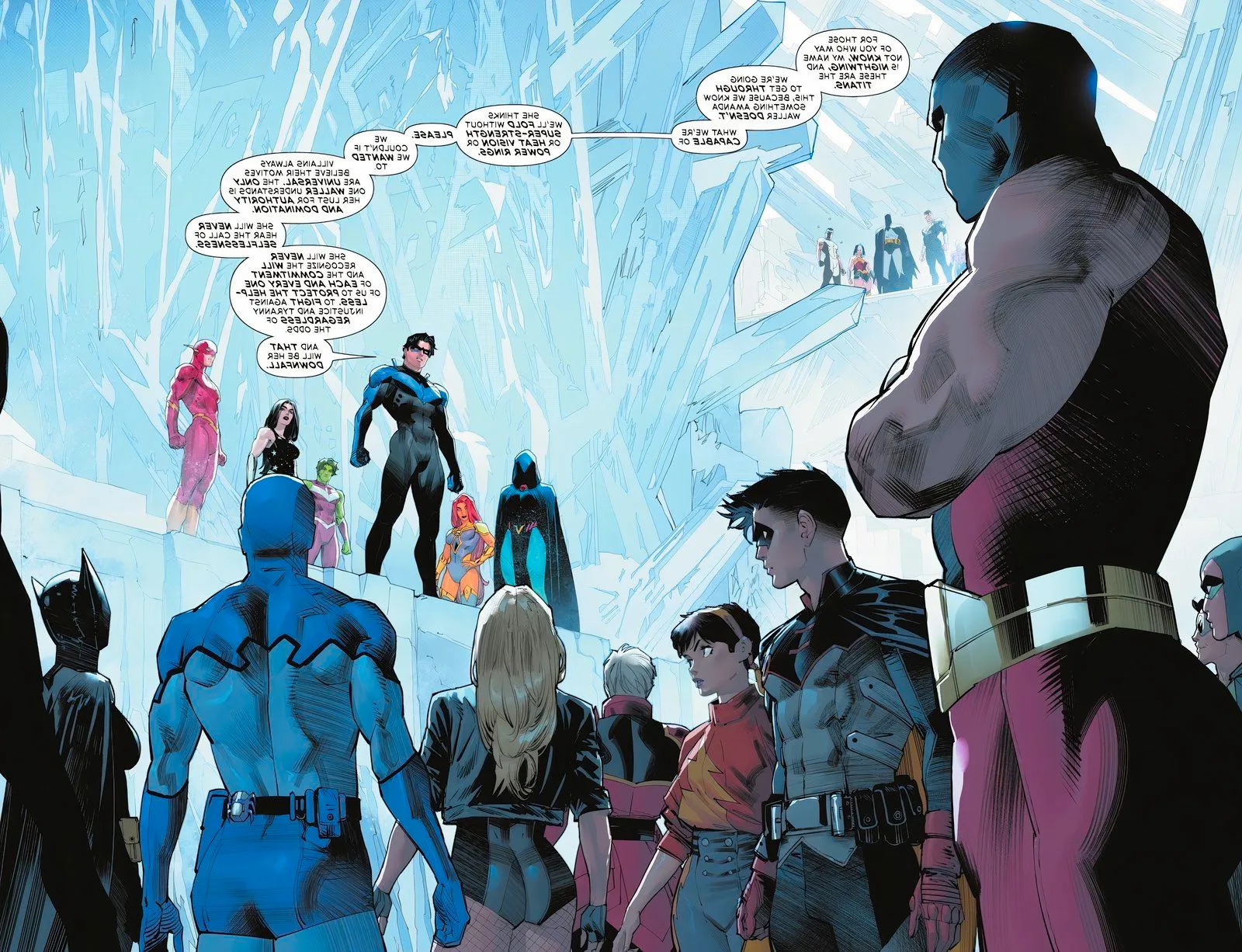 Comic panel from Absolute Power #2: Nightwing and the Titans address the heroes to unite them as a resistance against Waller. Image