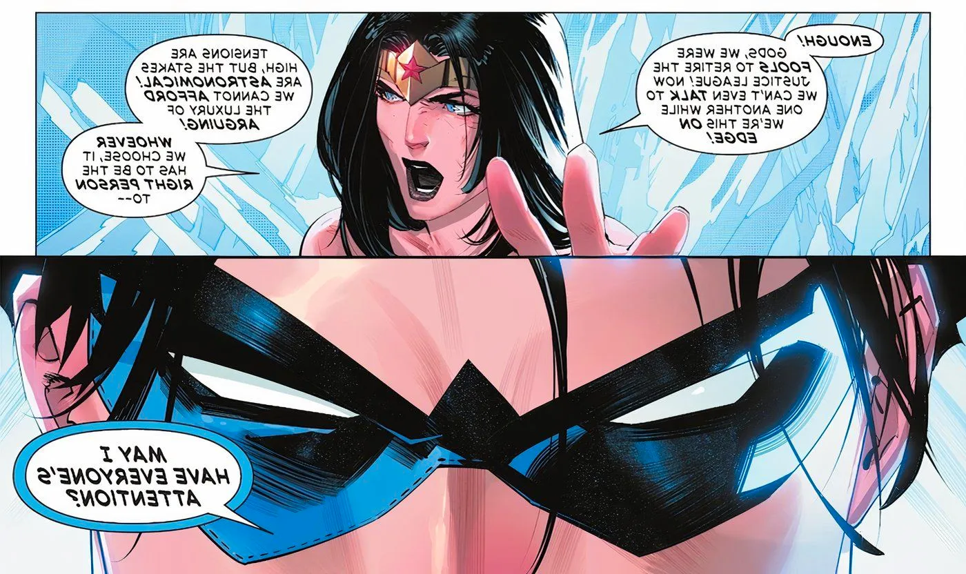 Comic panel from Absolute Power #2: Nightwing gets everyone's attention as Wonder Woman tries to get the Justice League to agree on a leader. Image