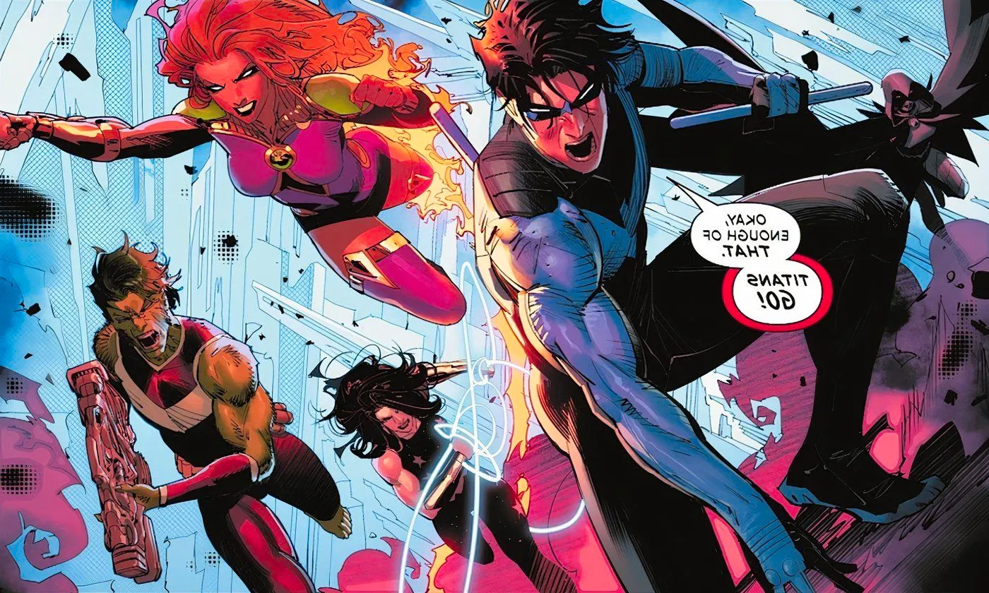 Comic panel from Absolute Power #2: Nightwing leads the Titans into battle. Image