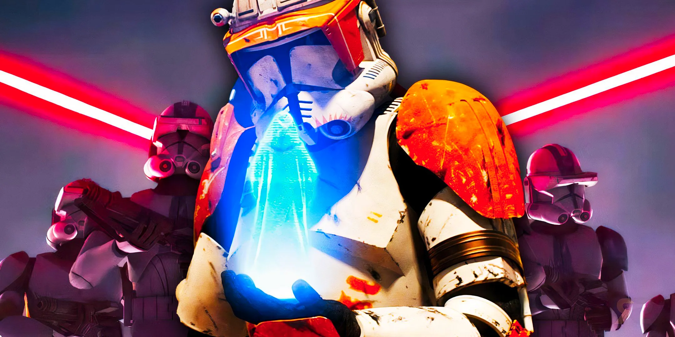 Commander Cody holds a hologram of Emperor Palpatine, edited over other clones marching into battle Image