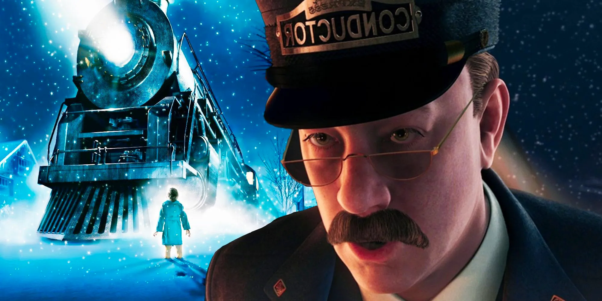 Composite image of The Conductor, voiced by Tom Hanks, and the Polar Express train from The Polar Express, directed by Ron Howard in 2004 Image