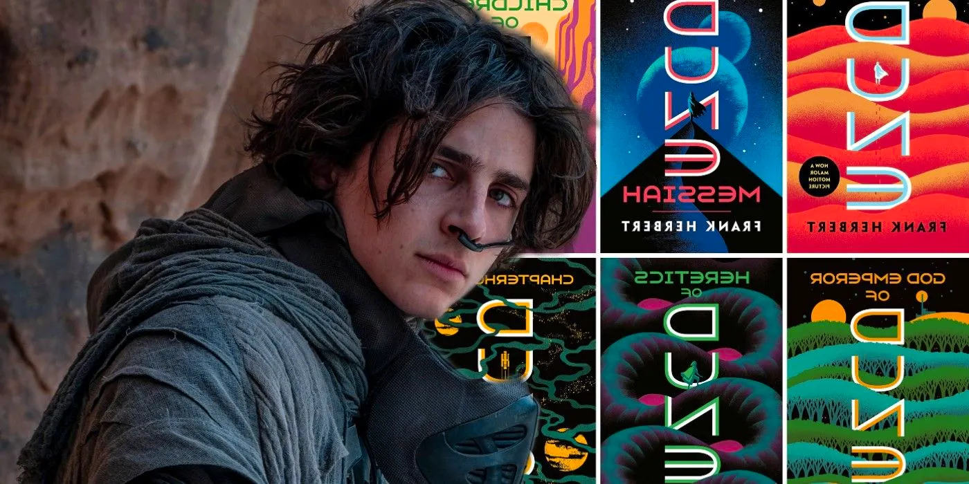 Composite image with six Dune book covers and Timothee Chalamet as Paul Atreides in Dune (2021) Image