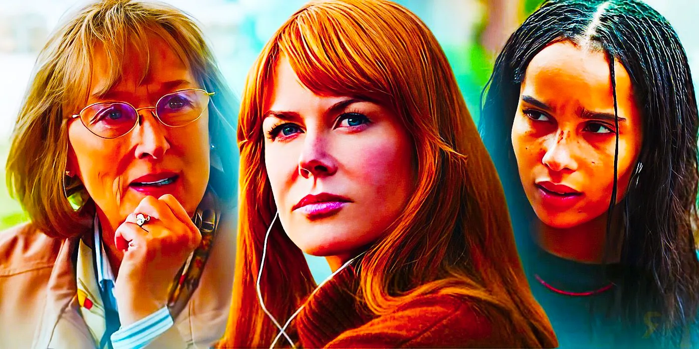 Composite of Big Little Lies characters Bonnie (Zoe Kravitz), Celeste (Nicole Kidman), and Mary Louise (Meryl Streep) Image