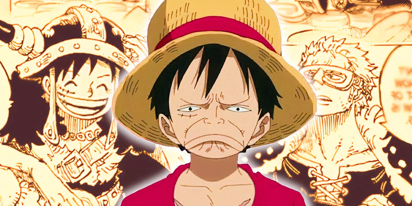 Confused Luffy face over a panel from One Piece Elbaf arc. Image