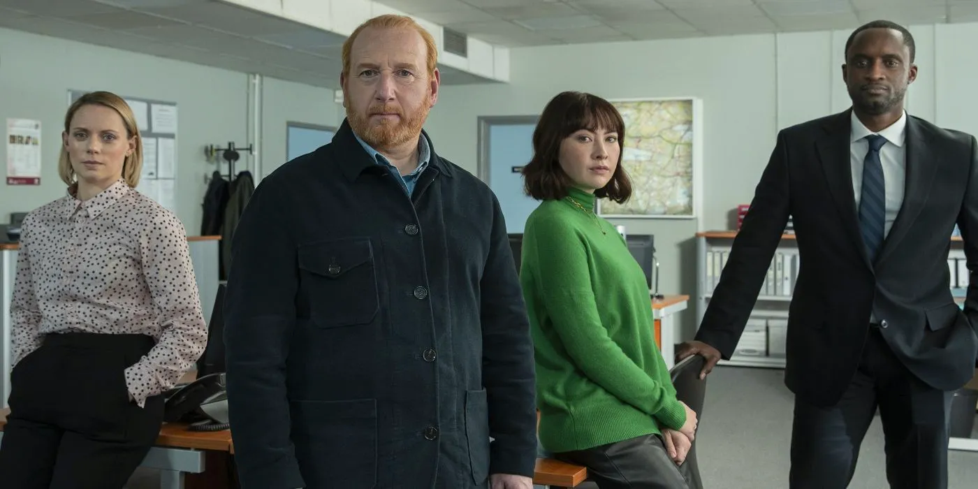 Connor Pollock (Peter Bankolé), Layla (Vanessa Emme), Max (Adrian Scarborough), and Jess (Lucy Phelps) in the station in The Chelsea Detective. Image