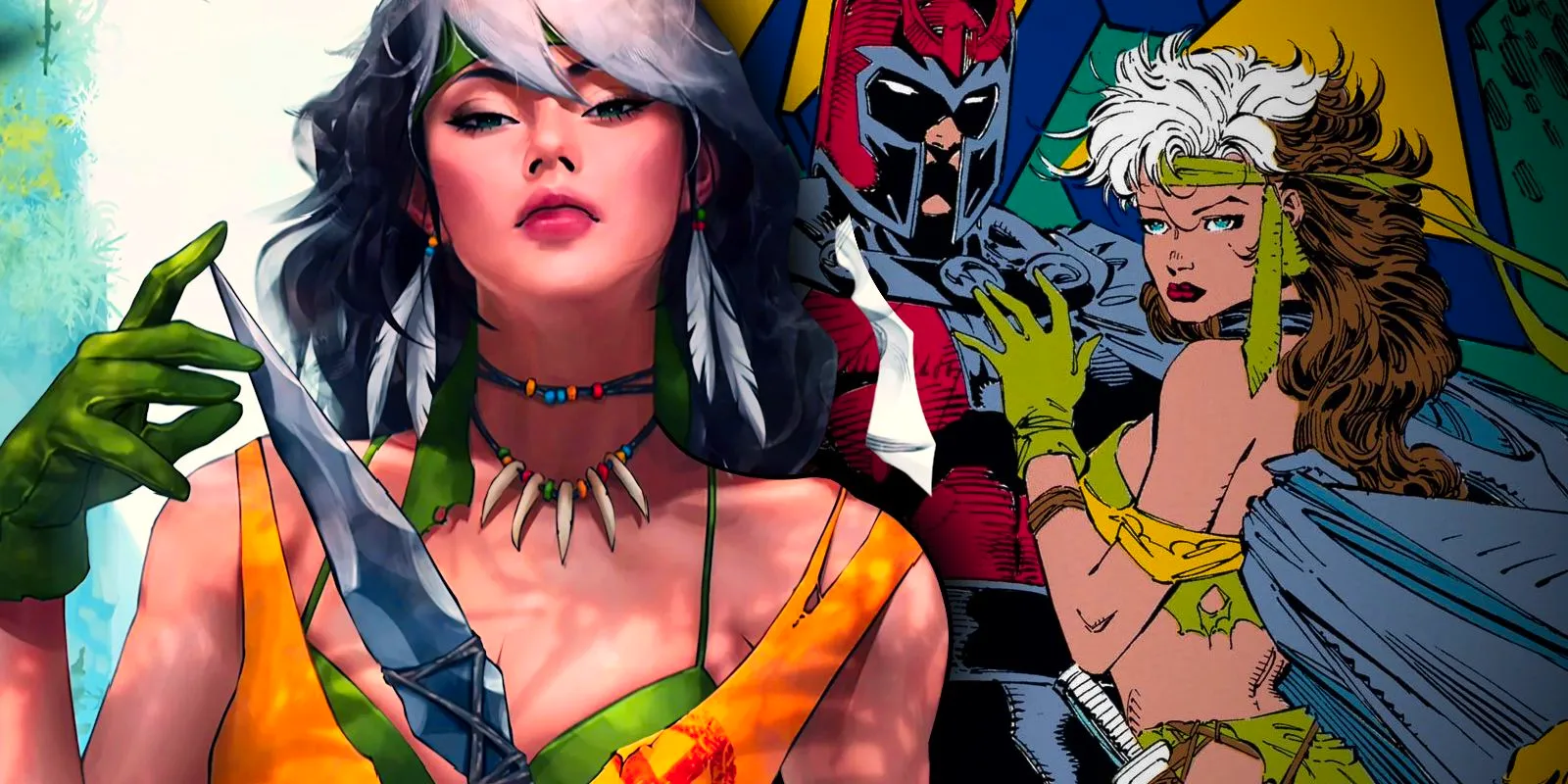 Contemporary version of Savage Land Rogue (foreground) with classic version of her and Magneto in the background. Image