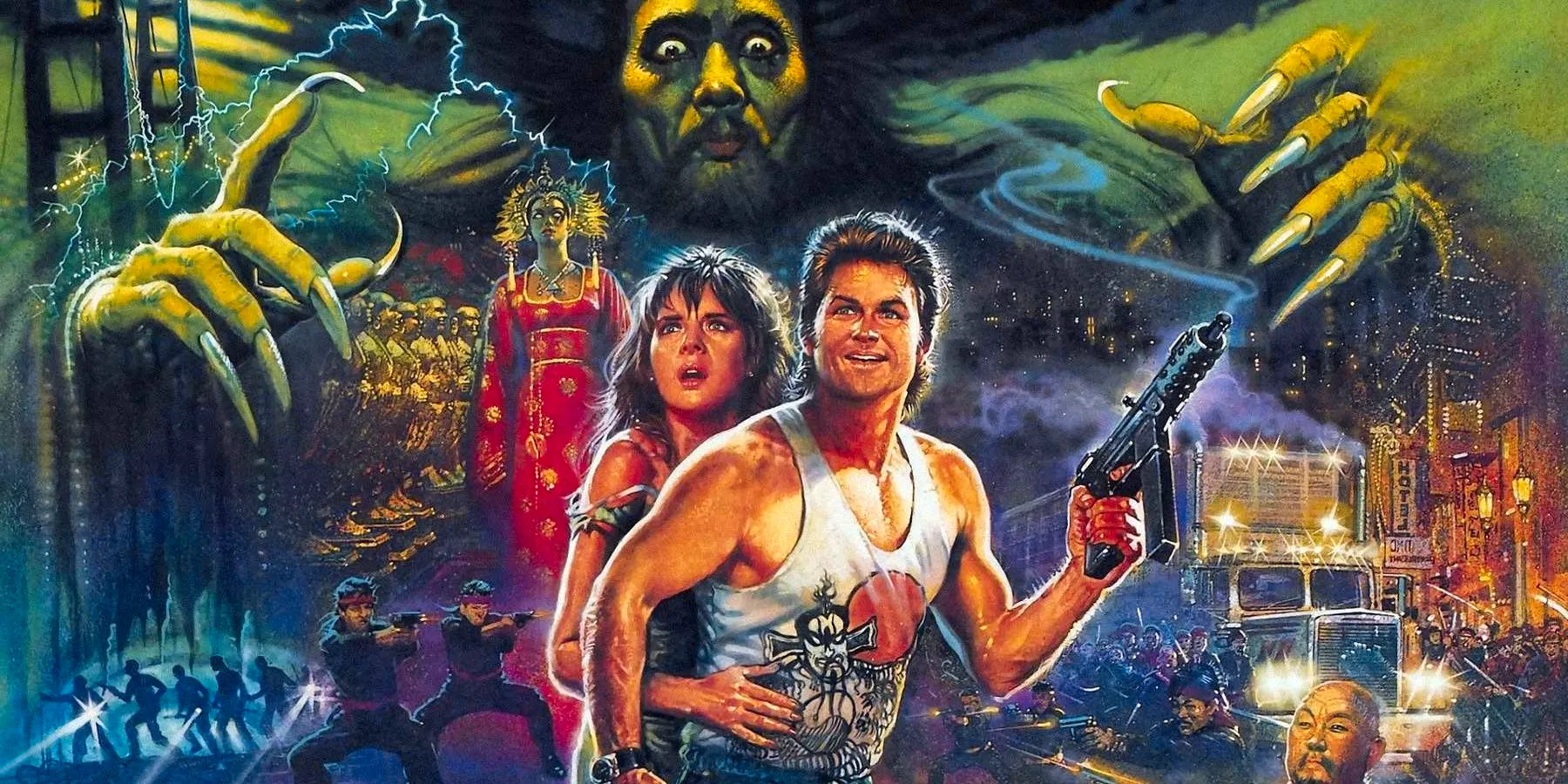 Cover art for Big Trouble in Little China with Jack (Kurt Russell) and Gracie (Kim Cattrall) with the sorcerer behind them. Image