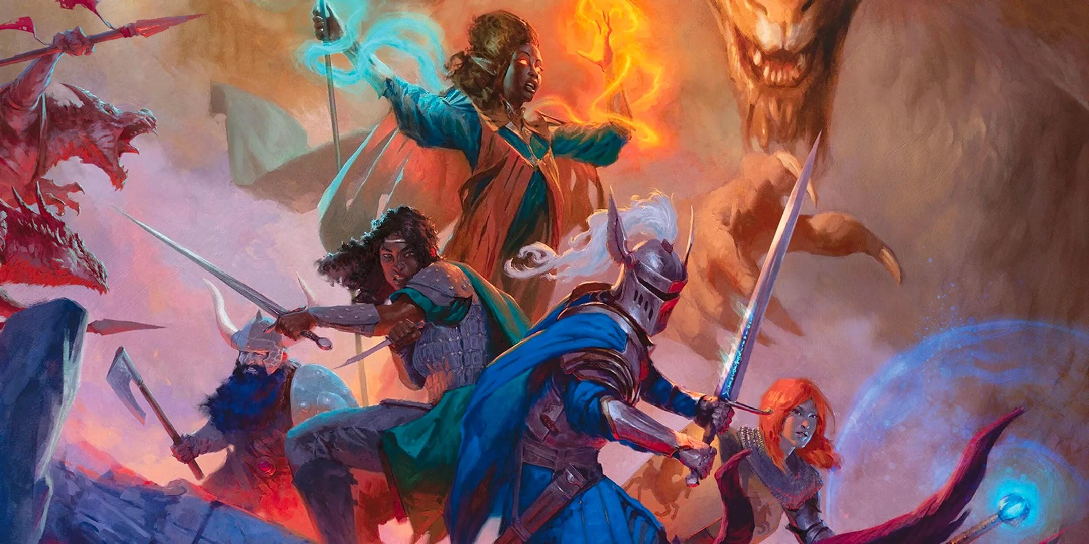 Cover art for the 2024 D&D Player's Handbook showing a party of adventurers with a dragon looming behind. Image