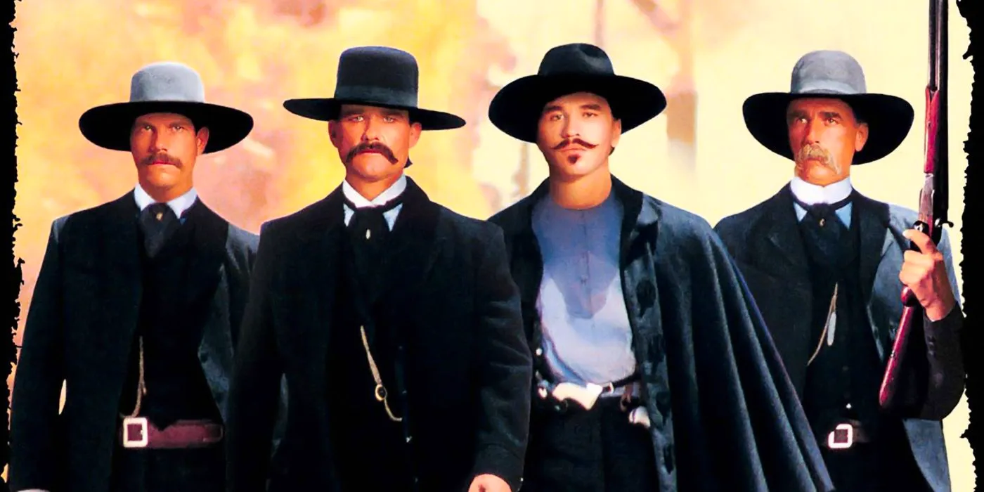 Cover art for Tombstone From left to right Sam Elliott as Virgil Earp, Val Kilmer as Doc Holliday, Kurt Russell as Wyatt Earp, and Bill Paxton as Morgan Earp. Image