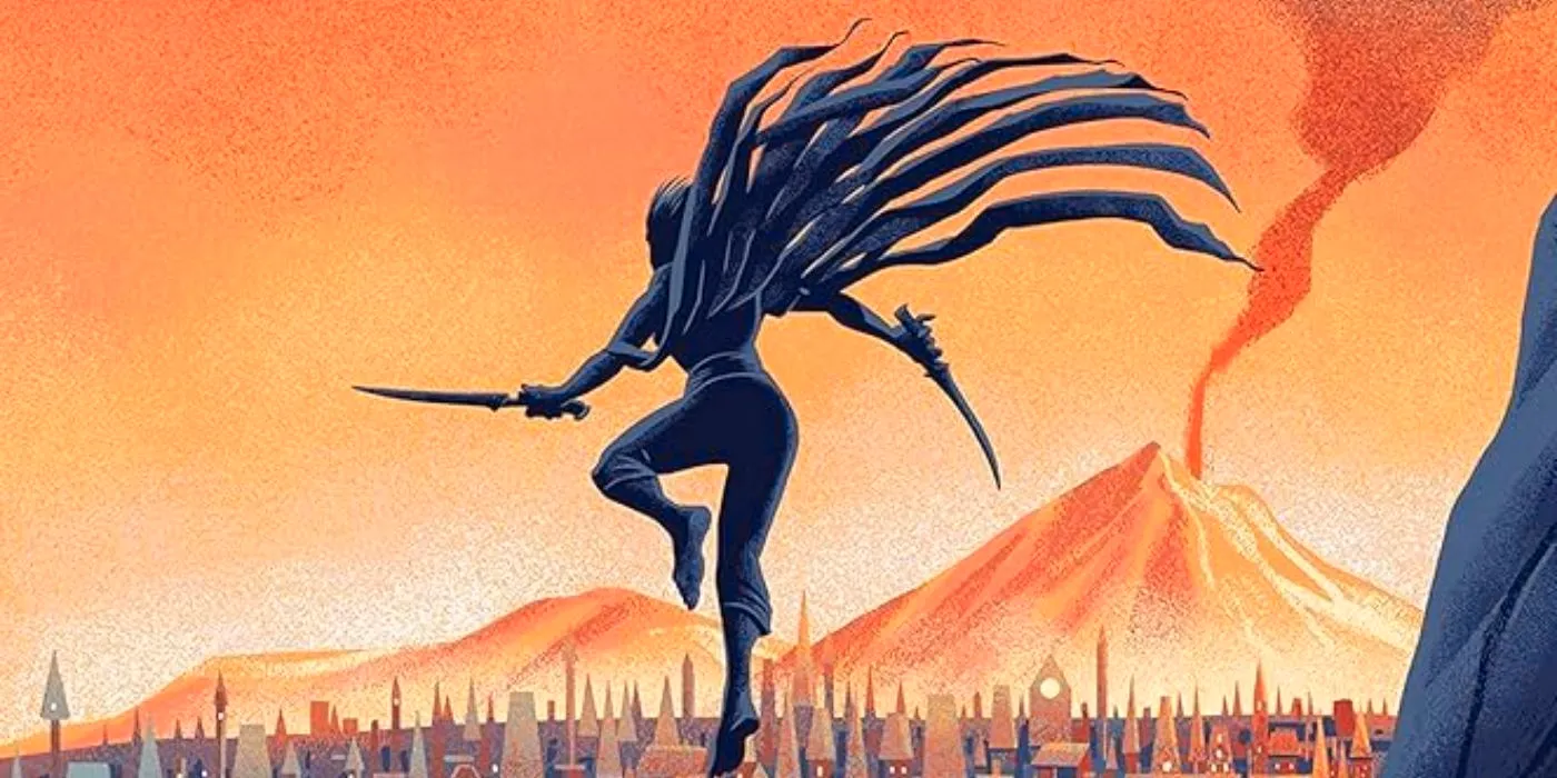 Cover art of Mistborn by Brandon Sanderson showing Vin flying through the air with daggers in her hands Image