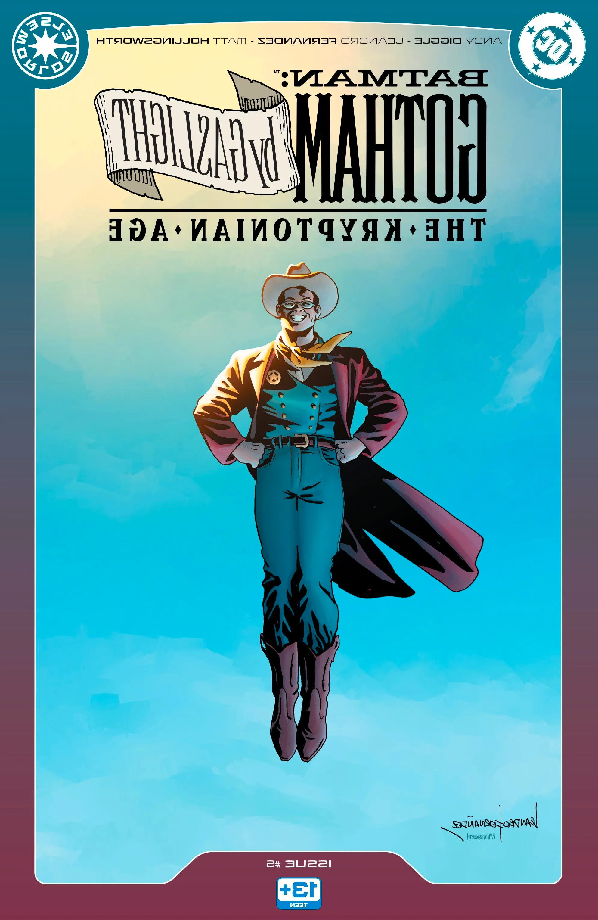 Cover for Gotham by Gaslight #5, cowboy Superman hovers in a blue, cloudless sky, smiling and posing. Image