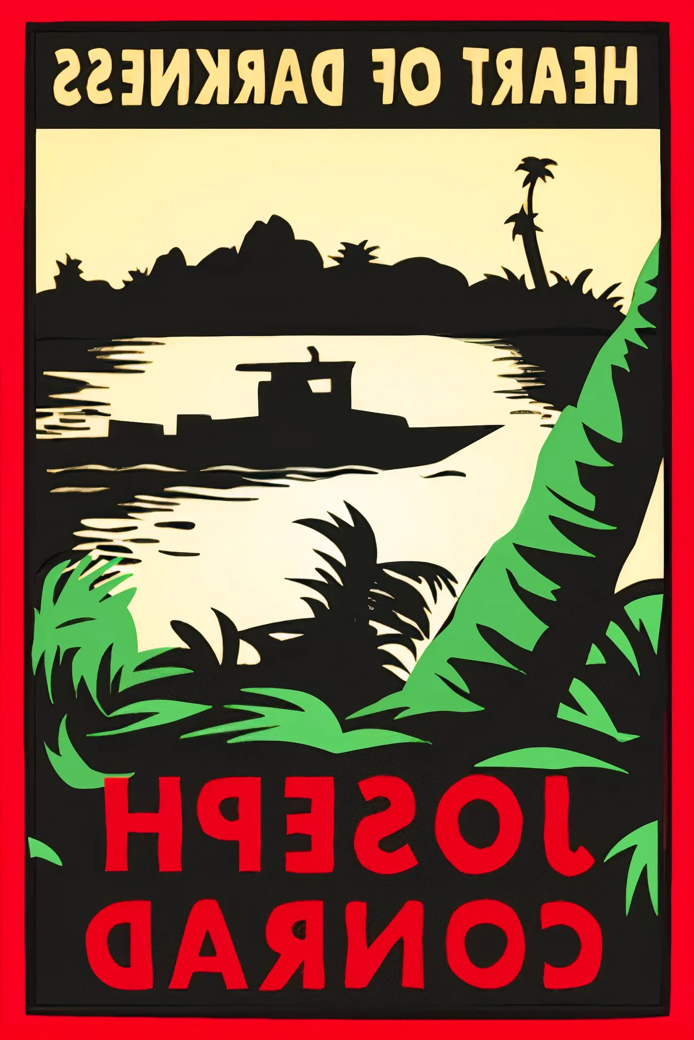 Cover for Joseph Conrad's Heart of Darkness, with a boat on a river viewed from the foliage on the riverbank. Image