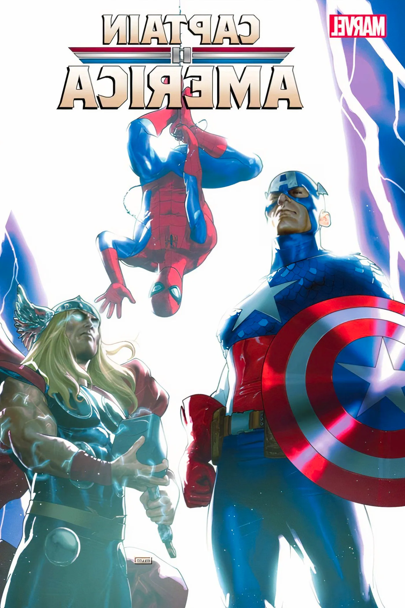 Cover of Captain America #14 featuring Captain America, Thor, and Spider-Man. Image