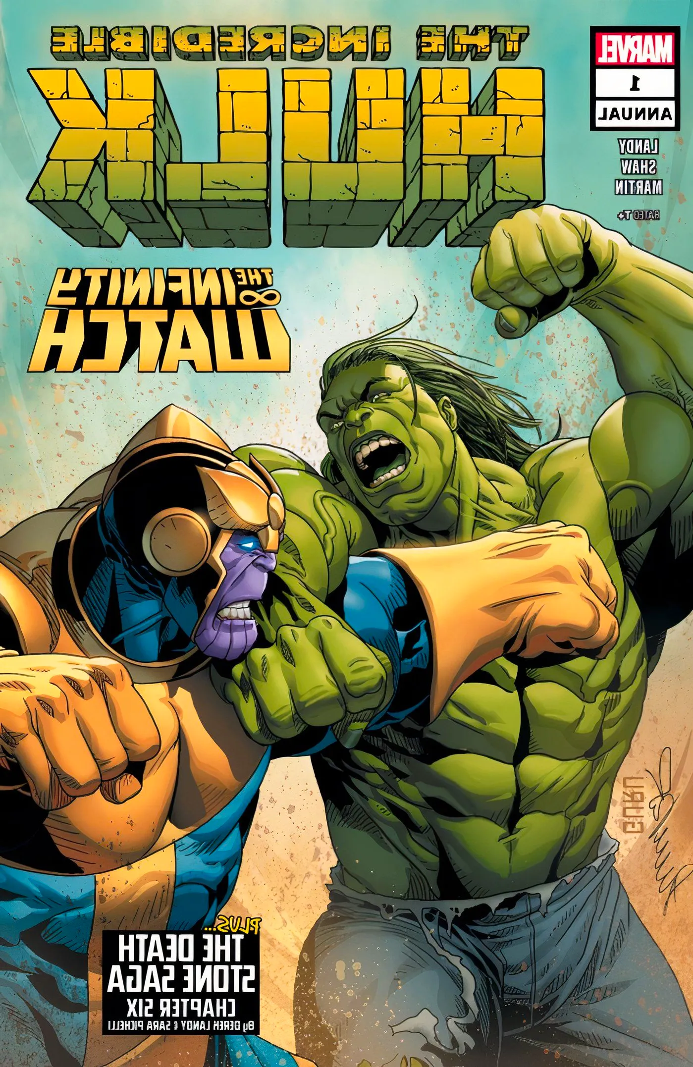 Cover of The Incredible Hulk Annual #1 featuring Hulk fighting Thanos. Image