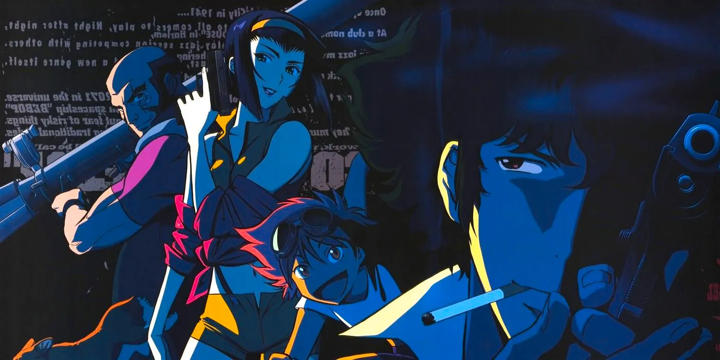 Cowboy Bebop image of the cast, featuring Spike, Faye, Ed, and Jet ready to fight Image