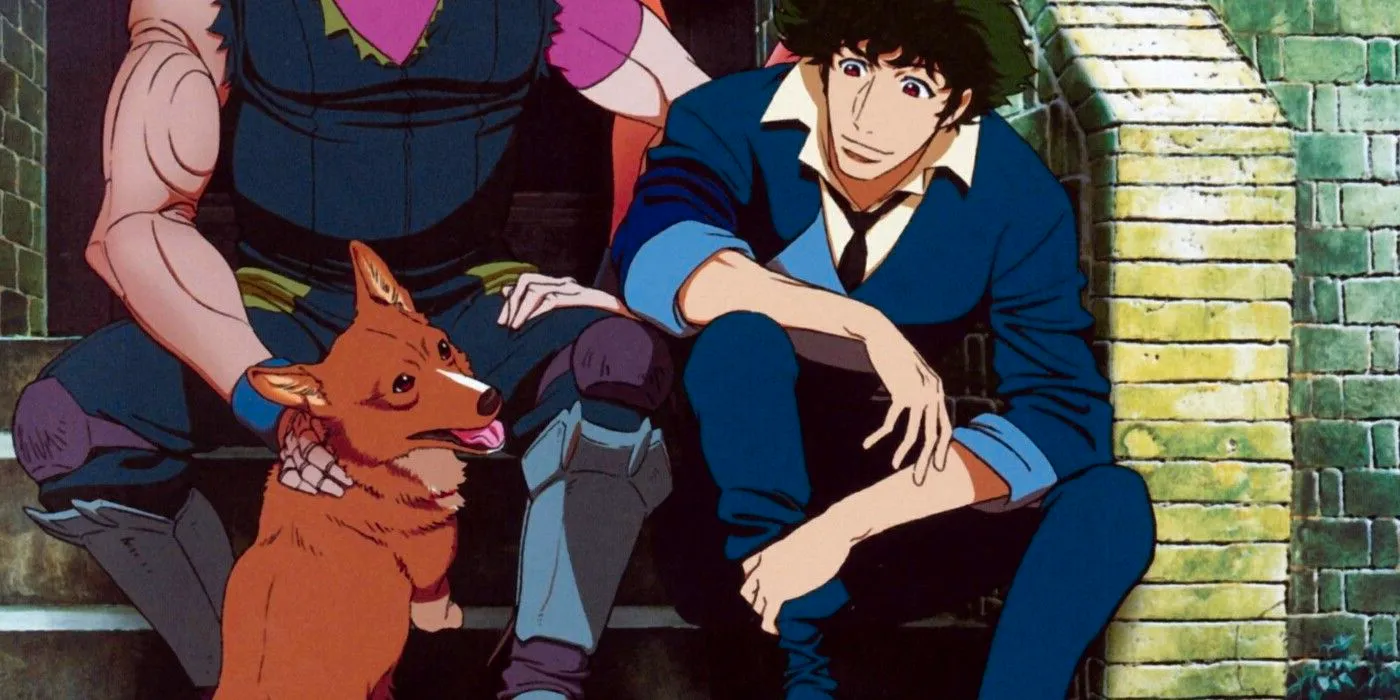 Cowboy Bebop Spike sitting on stairs next to Jet and Ein Image