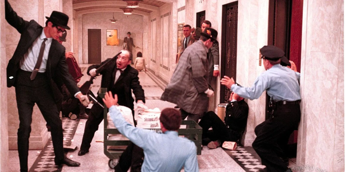 Criminals Pointing Guns in a Hallway While Civilians Panic in The Thomas Crown Affair Image