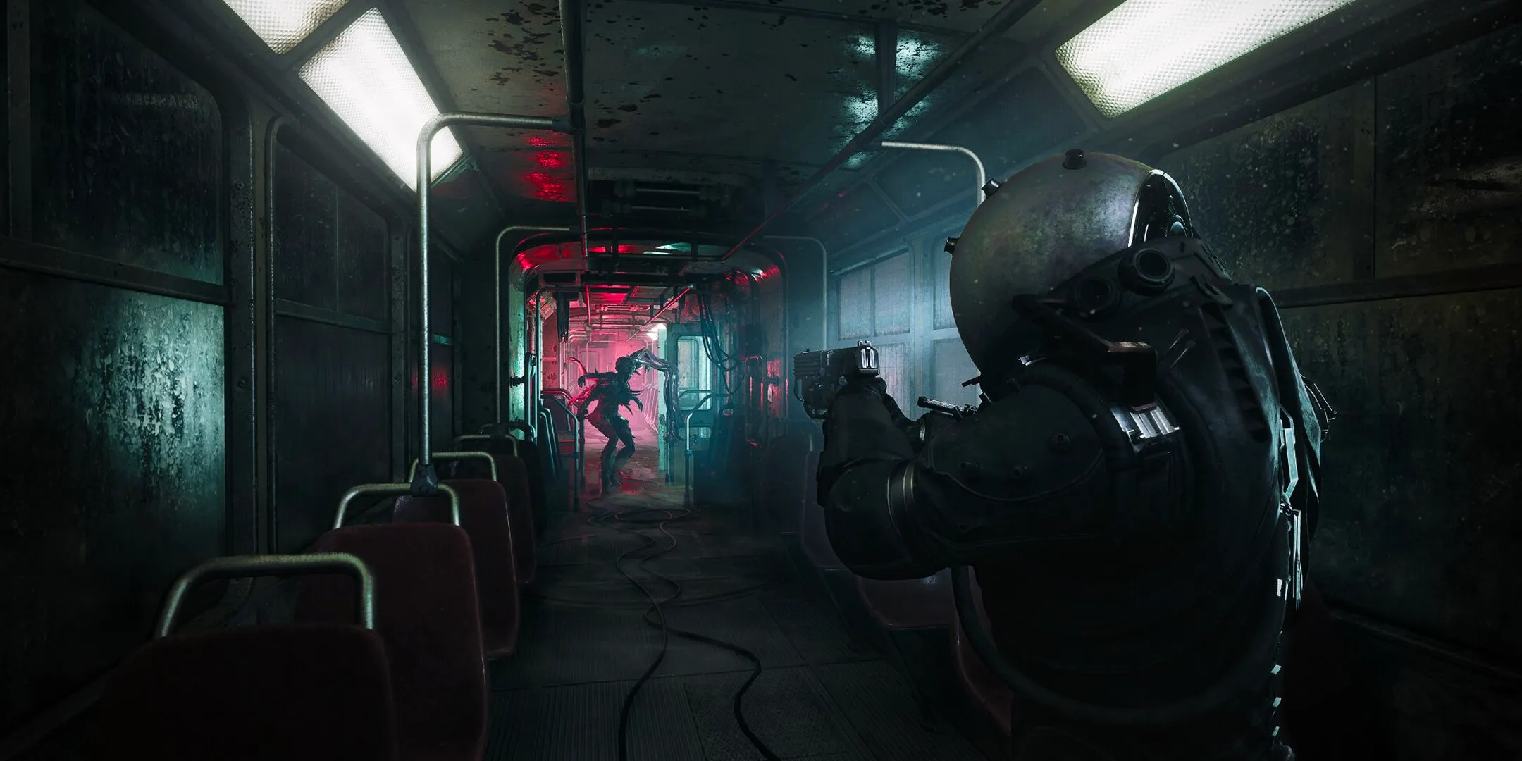 Cronos The New Dawn gameplay showing the Traveler pointing a gun at a monster in a subway car. Image