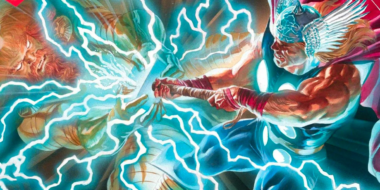 Cropped cover for Immortal Thor #15, Thor hitting Zeus with Mjolnir, causing a blast of lightning. Image