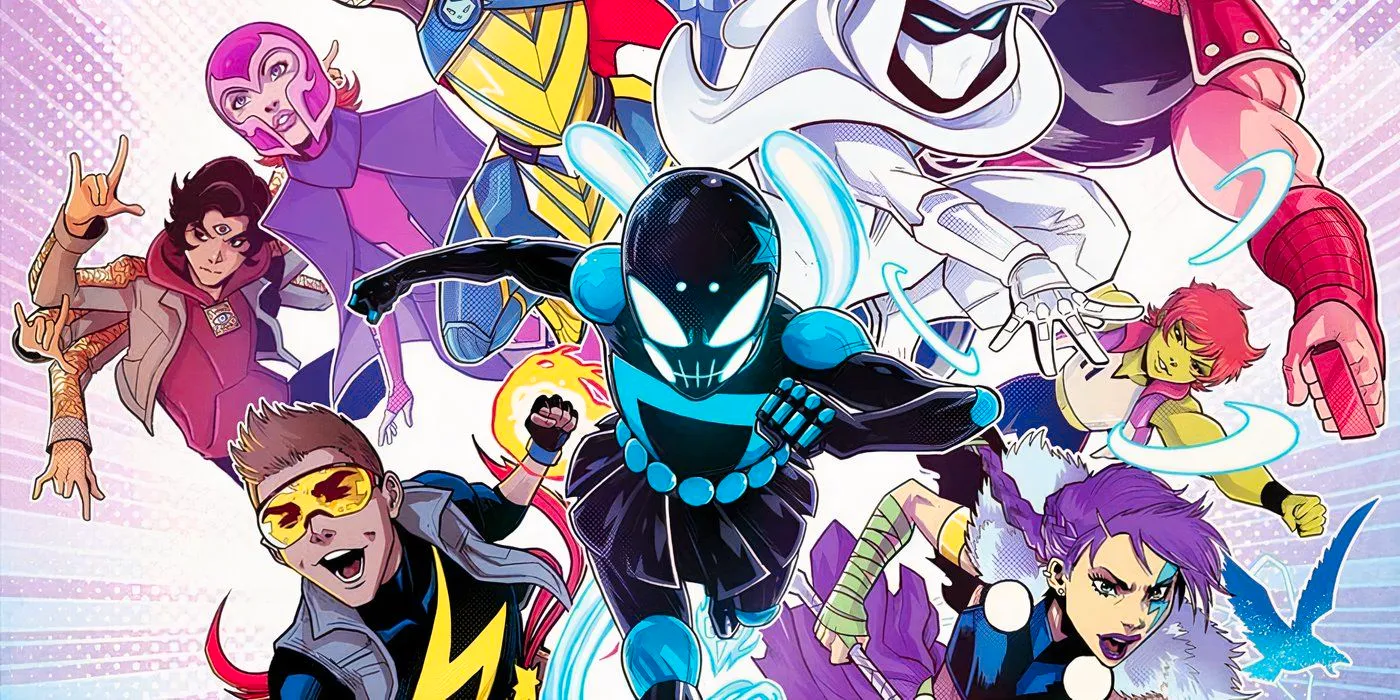 Cropped cover of New Champions #1, featuring the team's large roster all rushing toward the reader. Image