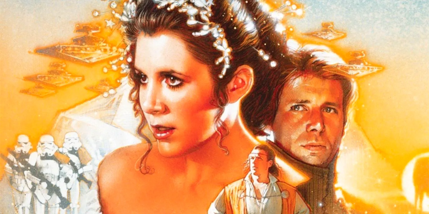 Cropped cover of Star Wars Courtship of Princess Leia, featuring Leia in a wedding outfit, with Han looming in the distance. Image