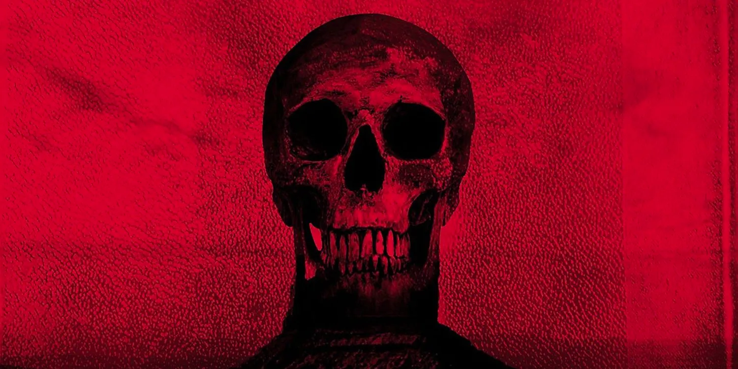 Cropped image of one of the many cover art pieces for Blood Meridian by Cormac McCarthy, featuring an imposing skull amid a bright red background Image