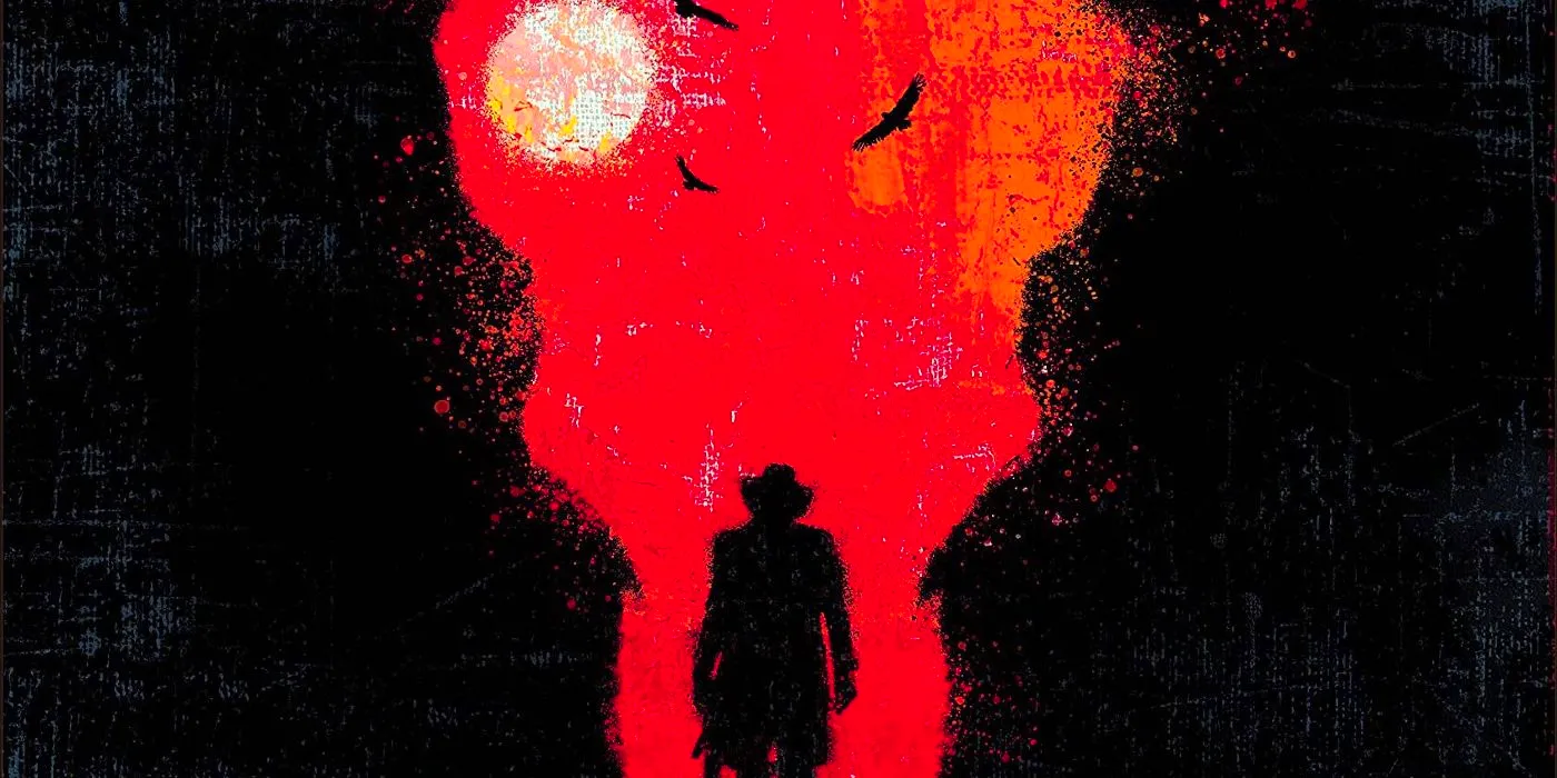 Cropped image of one of the many cover art pieces for Blood Meridian by Cormac McCarthy, featuring birds circling in the red sky as a lone shadow walks a narrow canyon. Image