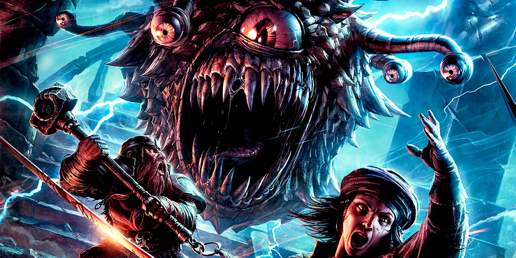 Cropped image of the cover art for the upcoming Dungeons & Dragons Monster Manual, showing a beholder attacking two characters in a thunderstorm. Image