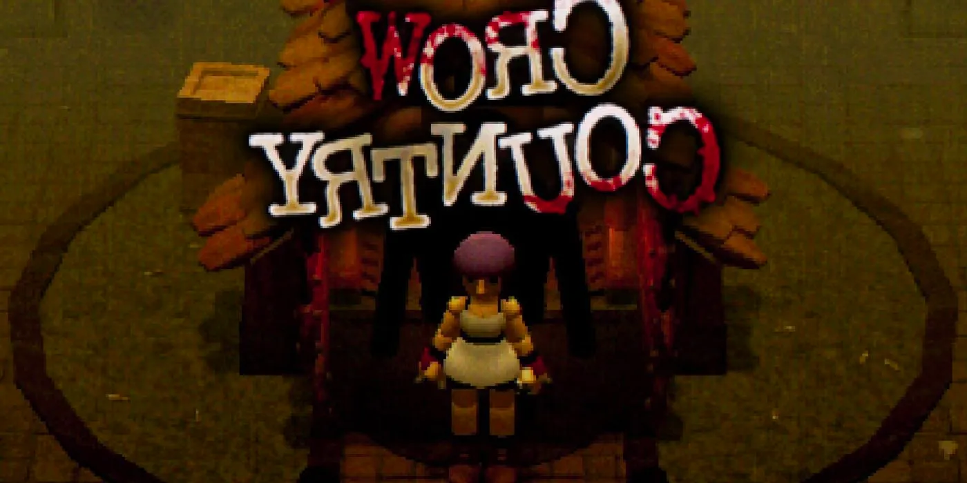 Crow Country blood-splattered title displayed over a screenshot of the game, featuring the protagonist Mara. Image