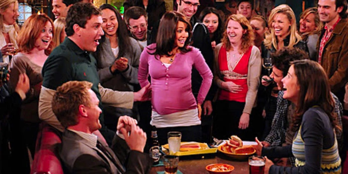 Crowds surrounding a very pregnant Lily in McLaren's on How I Met Your Mother. Image