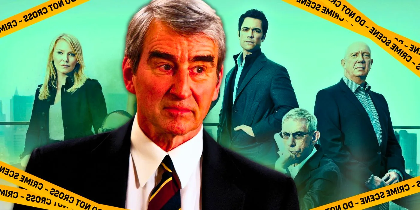 Custom image depicting Sam Waterson standing in front of various other Law & Order characters past and present Image