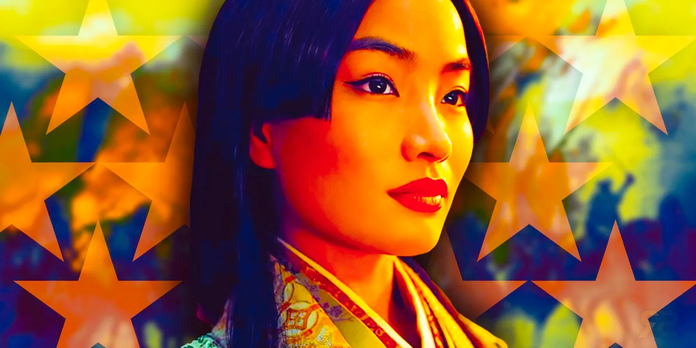 Custom image of Anna Sawai in Shogun against a backdrop of stars.  Image