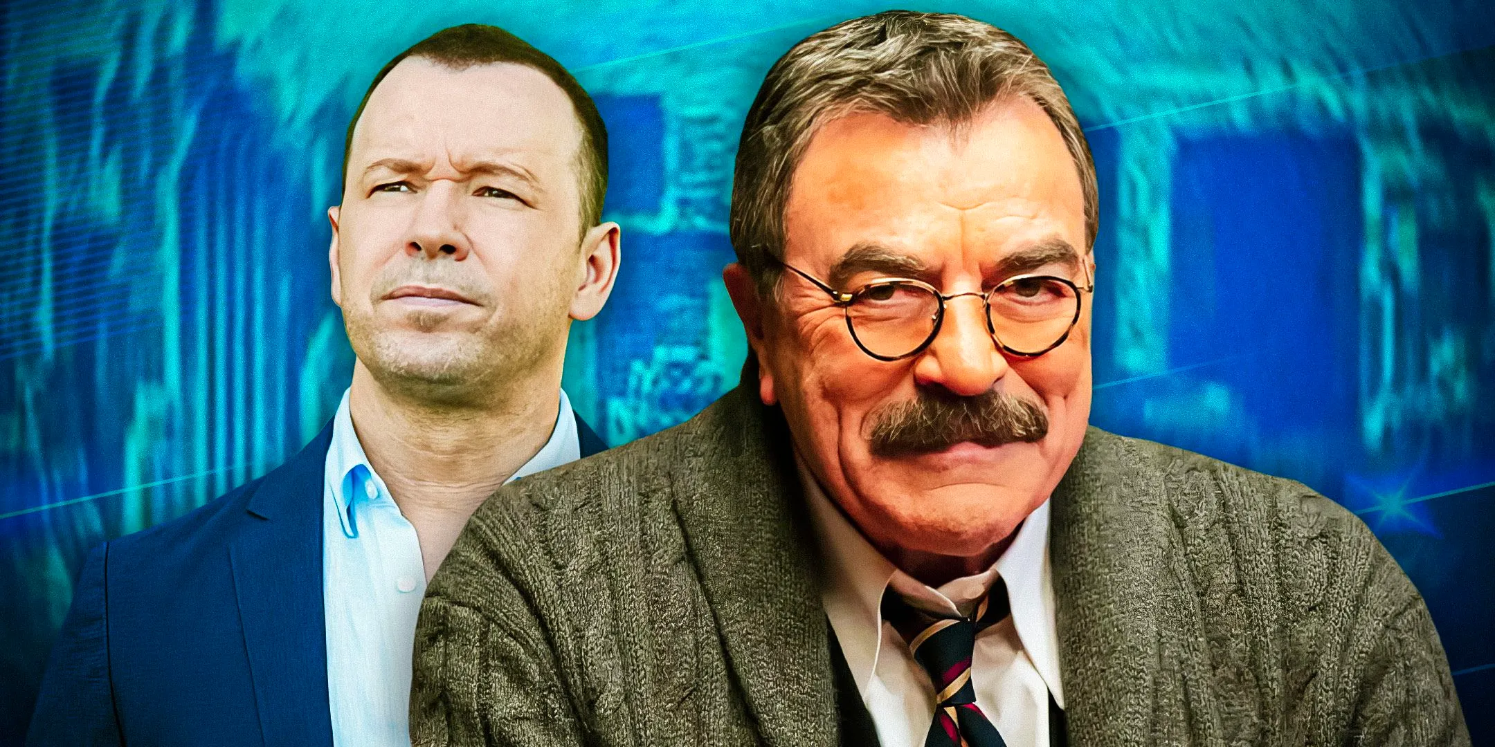 Custom image of Blue Bloods' Tom Sellect and Donnie Wahlberg against a blue background Image