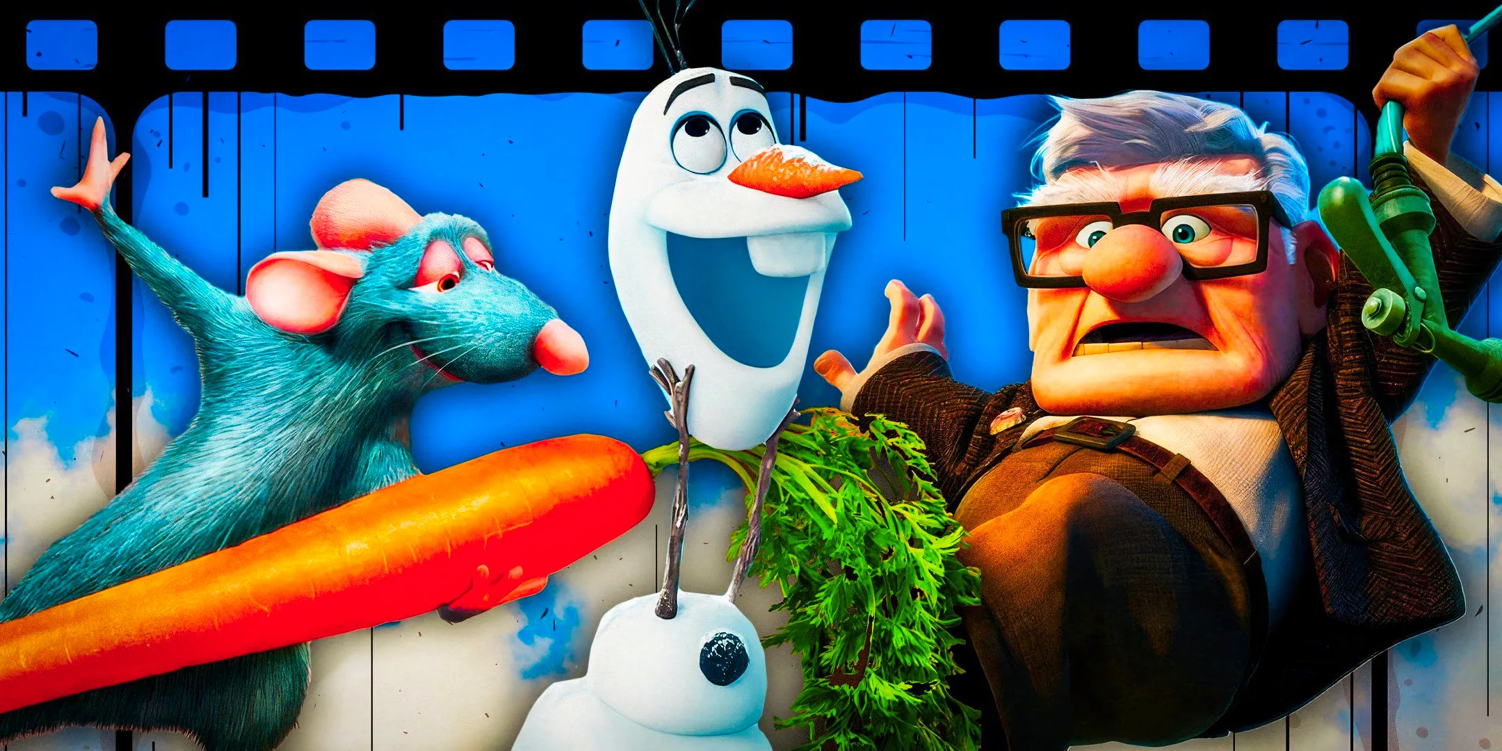 Custom image of Carl (Up), Olaf (Frozen), and Remy (Ratatouille) on top of a film reel. Image