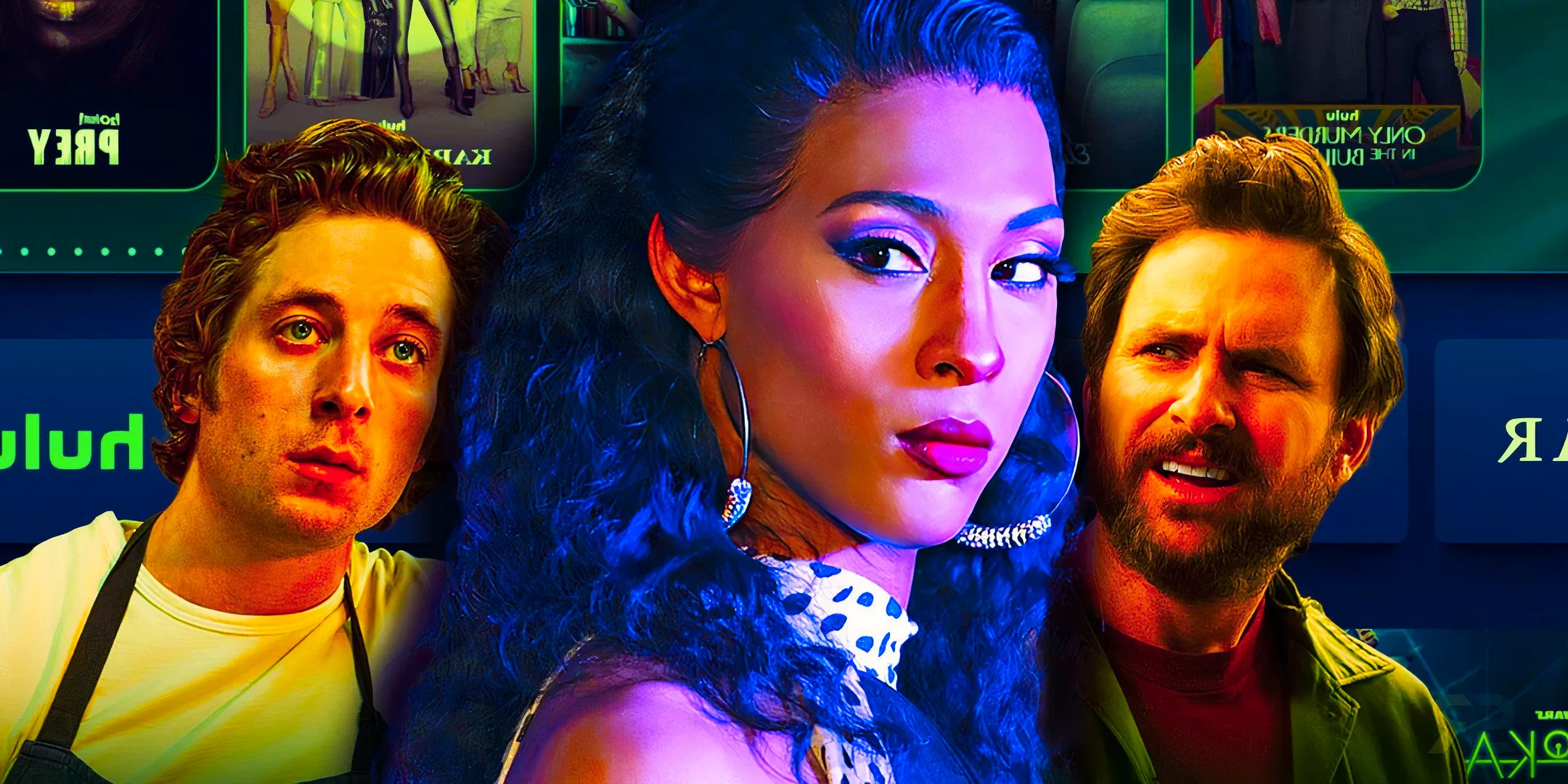 Custom image of Charlie Day, Michaela Jaé Rodriguez, and Jeremy Allen White against the Hulu home page. Image