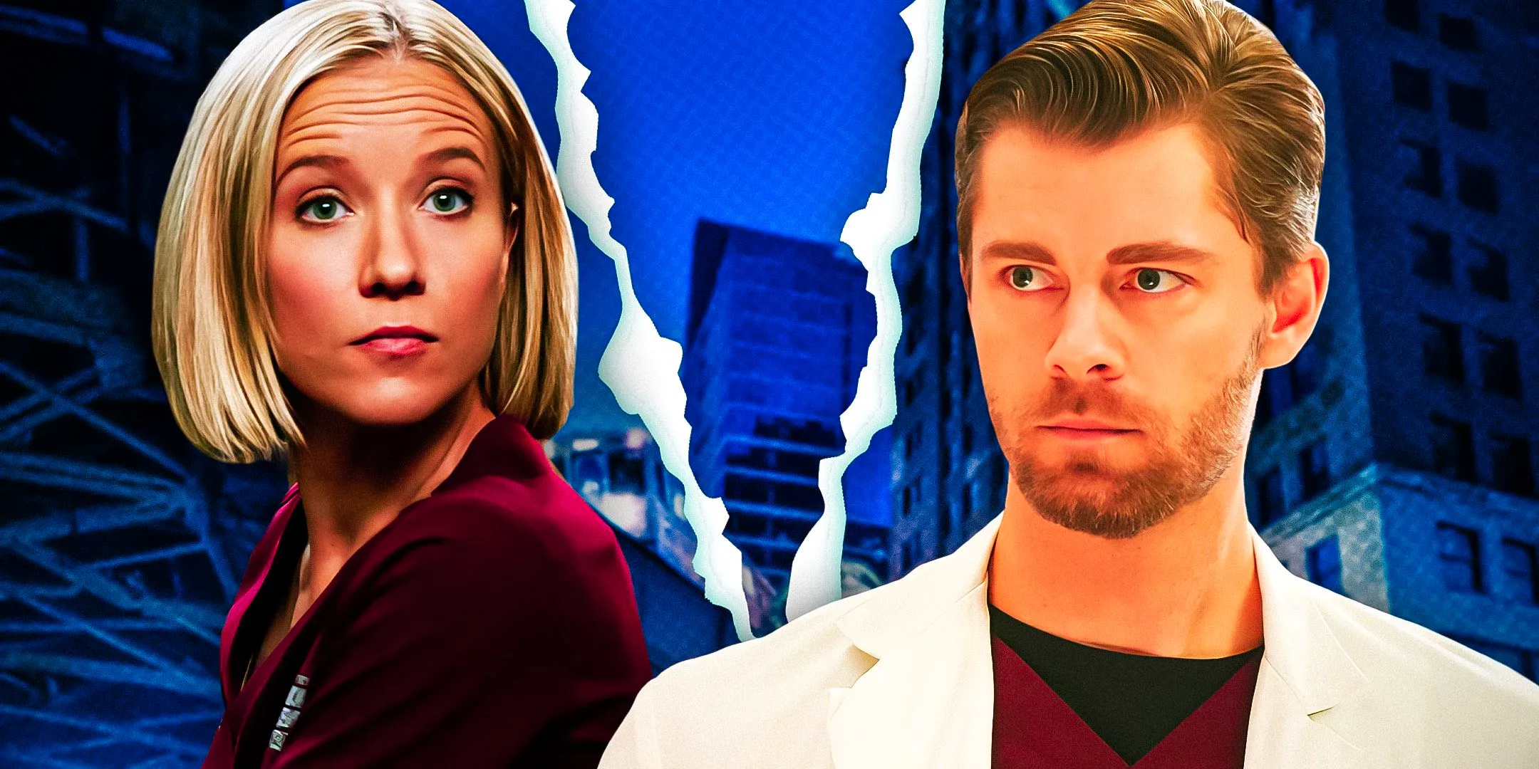 Custom image of Chicago Med's Hannah and Mitch looking angry with rips in the Chicago skyline behind them Image