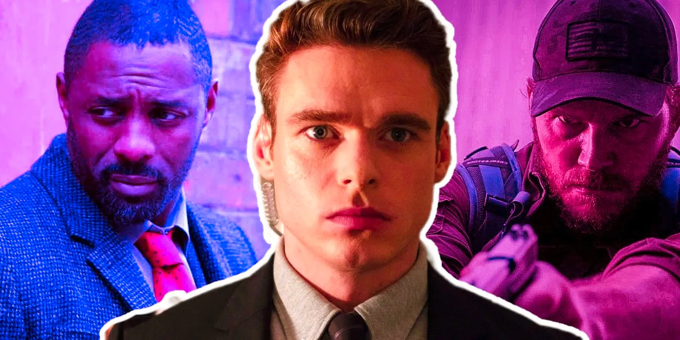 Custom image of Chris Pratt pointing a gun in The Terminal List, a closeup of Richard Madden in Bodyguard and Idris Elba looking to the side in Luther Image