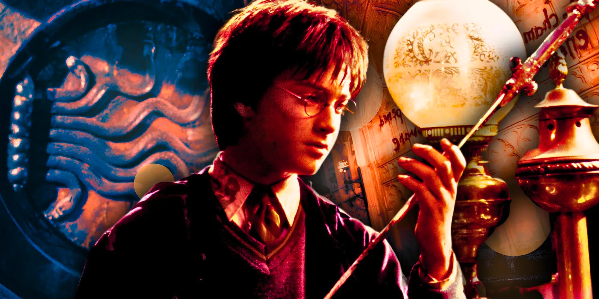 Custom image of Daniel Radcliffe as Harry Potter inspecting his wand against a backdrop of other Harry Potter imagery Image