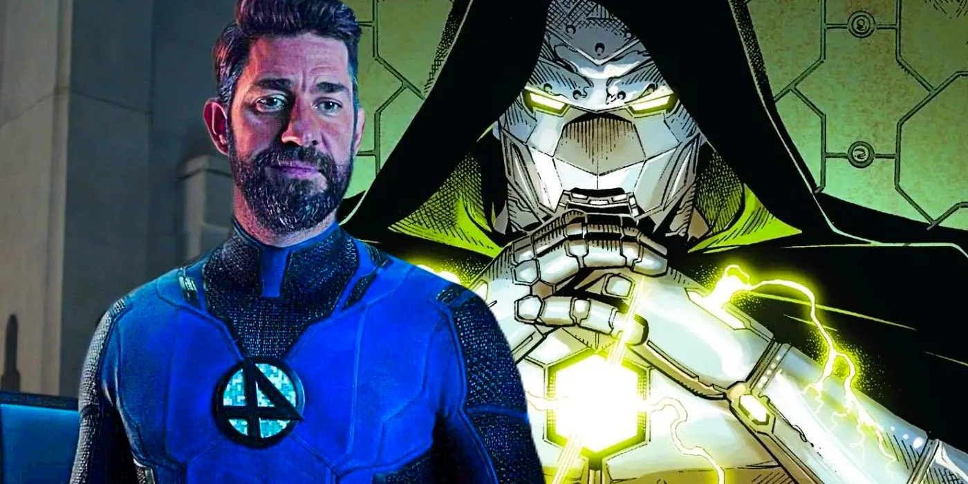 Custom image of Doctor Doom from the comics and John Krasinski's Reed Richards smirking. Image