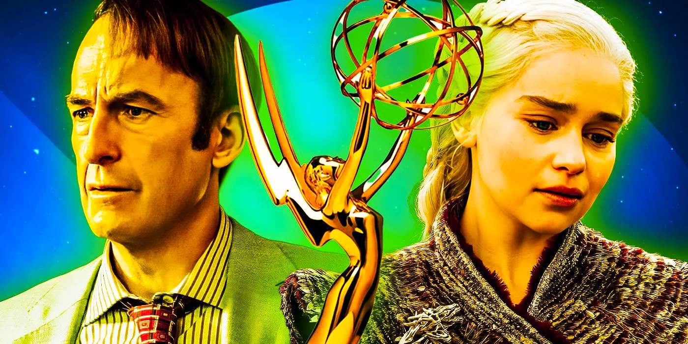 Custom image of Emmy award with Emilia Clarke as Daenerys Targaryen on the left and Bob Odenkirk as Saul Goodman on the right Image