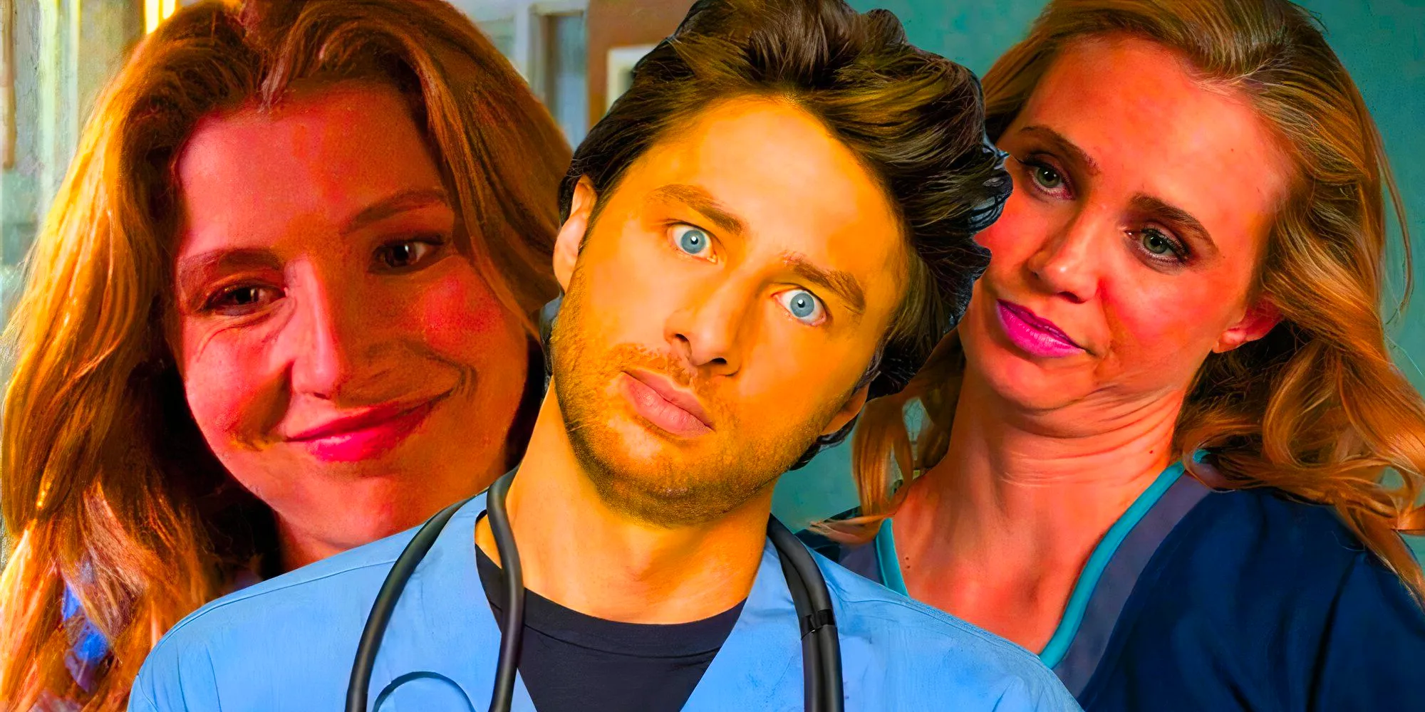 Custom image of Fiona Gubelmann's Dr. Morgan Reznik in The Good Doctor, and Zach Braff as JD with Sarah Chalke as Elliot Reid in Scrubs Image