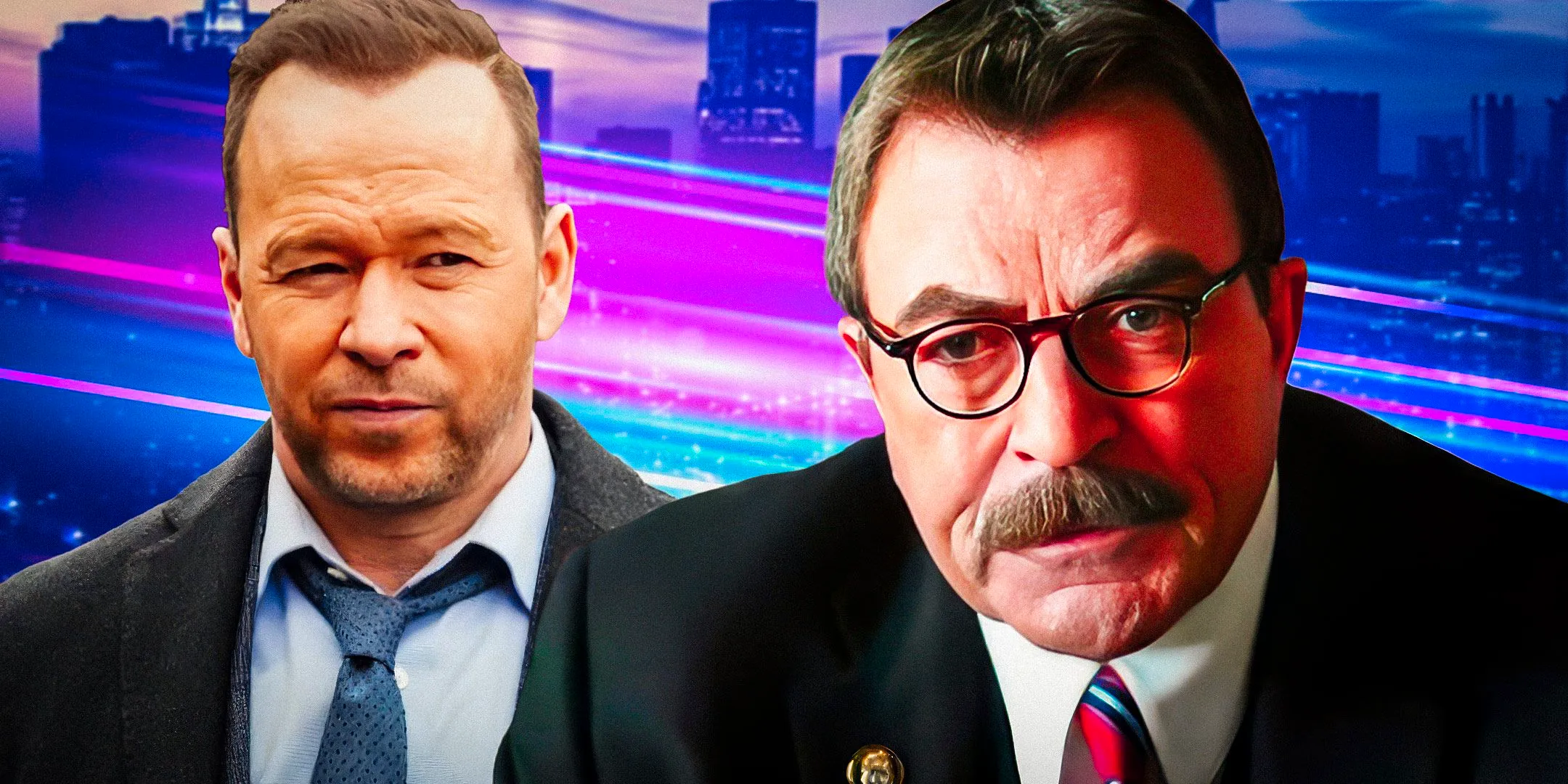 Custom image of Frank and Danny from Blue Bloods, with purple and blue lights behind them Image