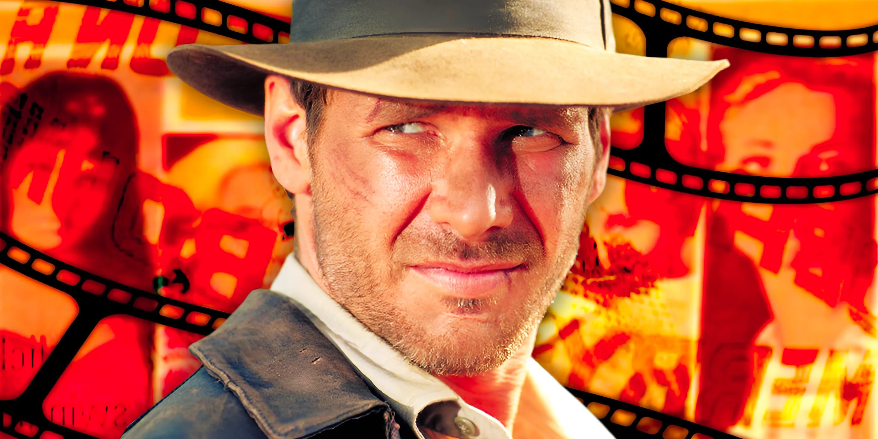 Custom image of Harrison Ford as Indiana Jones against a graphic backdrop of film reels Image