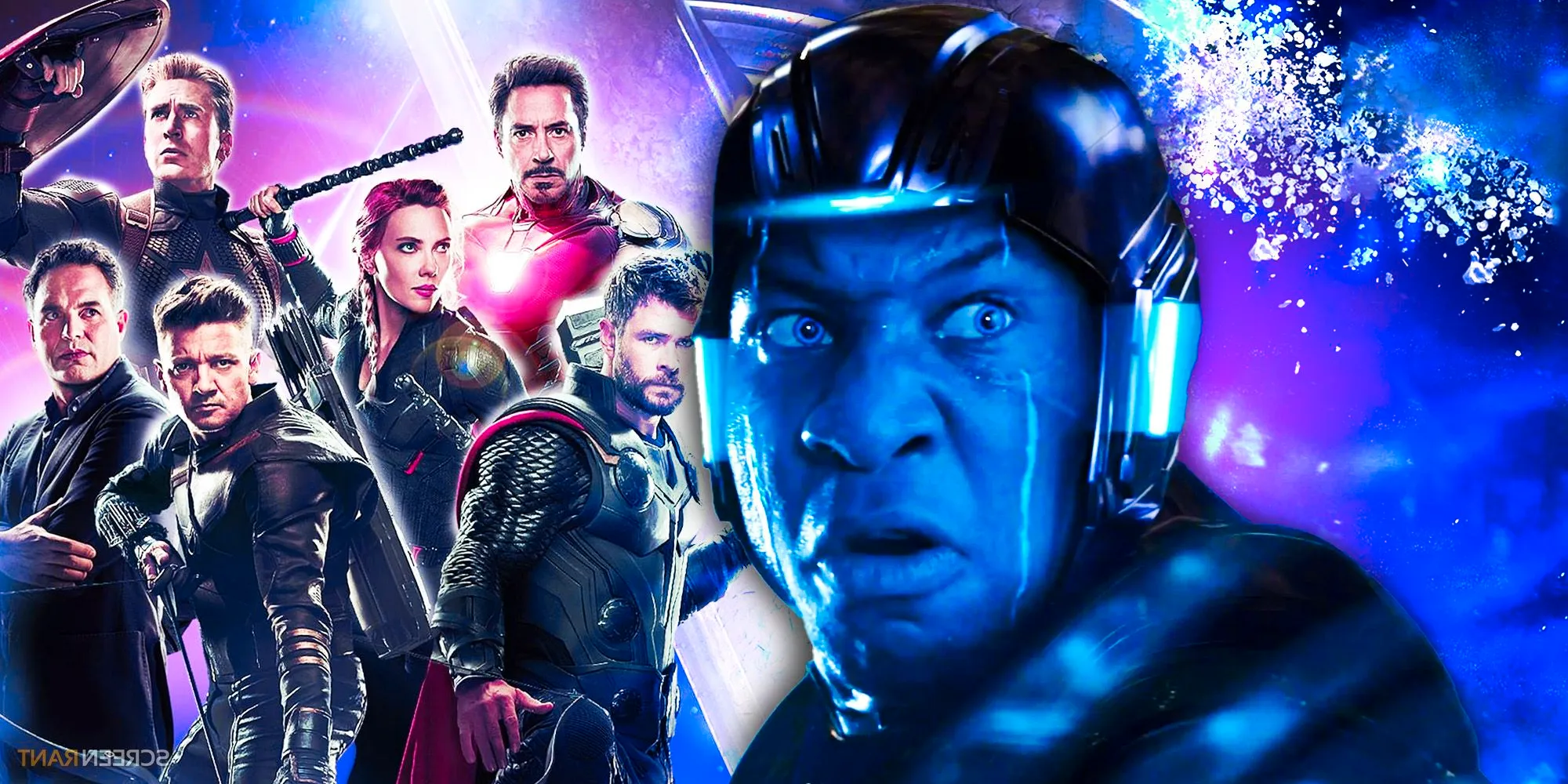 Custom image of Jonathan Majors' Kang the Conqueror with his blue visor looking concerned and the original Avengers from an Avengers: Endgame official poster Image