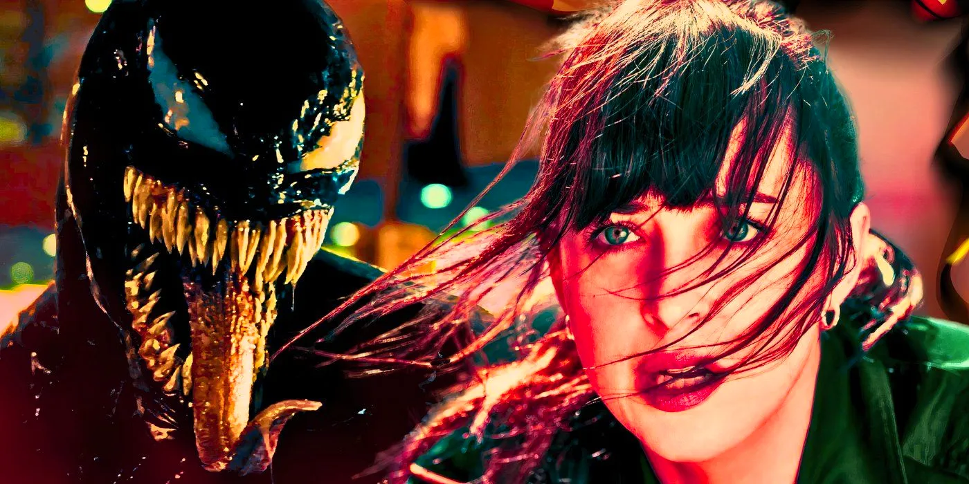 Custom image of Madame web with hair over her face and Venom with his tongue out in Sony's spider-man movies Image