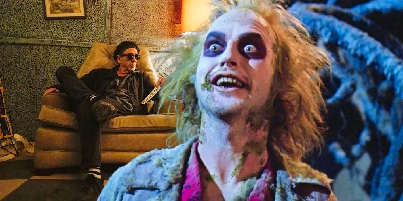 Custom image of Michael Keaton as Beetlejuice juxtaposed with Tim Burton sitting in a sofa on the Beetlejuice 2 set. Image