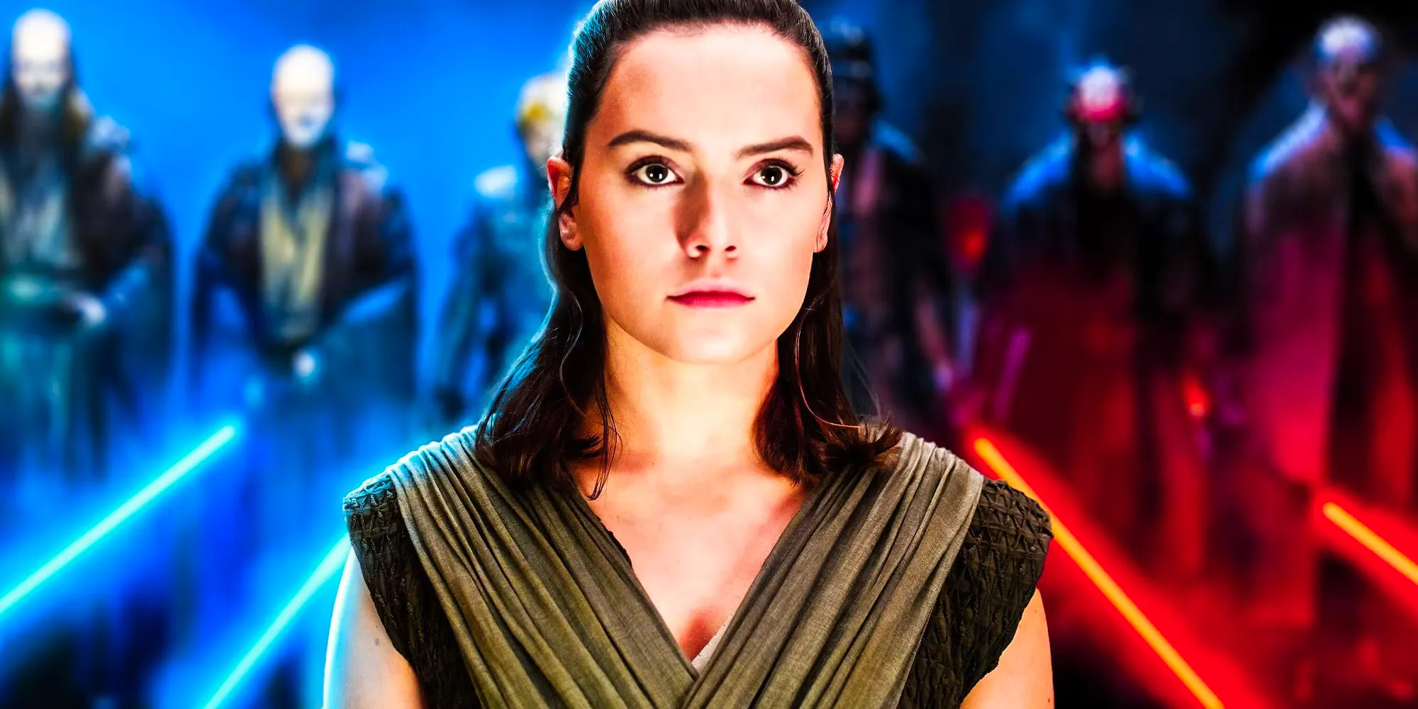 Custom image of Rey (Daisy Ridley) in front of a row of Sith Lords and Jedi Knights. Image