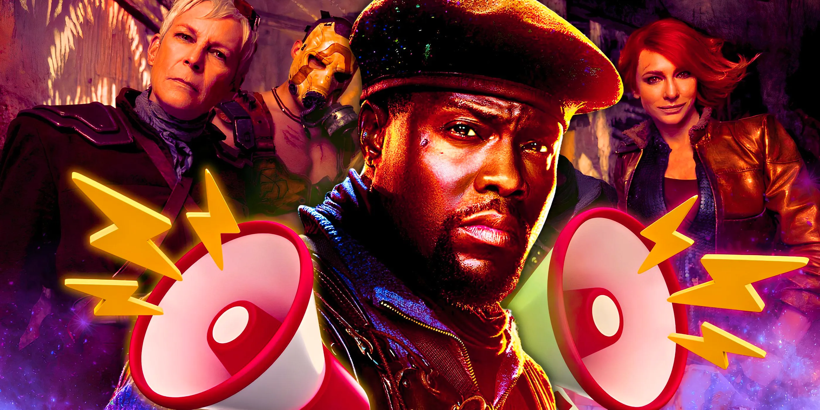 Custom image of Roland (Kevin Hart) surrounded by megaphones with Lilith (Cate Blanchett), Krieg (Florian Munteanu), and Tannis (Jamie Lee Curtis) in the background in the Borderlands movie Image