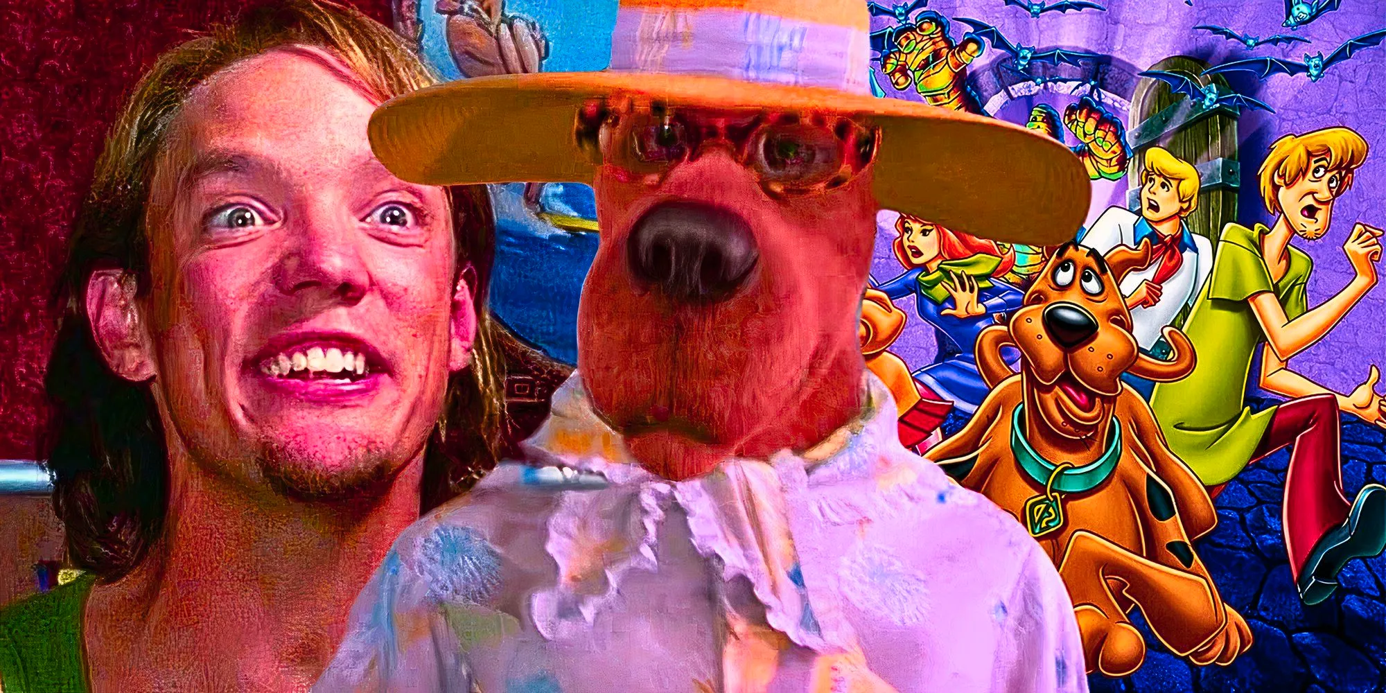 Custom image of Scooby Doo as an old woman against a backdrop of the cartoon poster and Matthew Lillard smiling as Shaggy Image