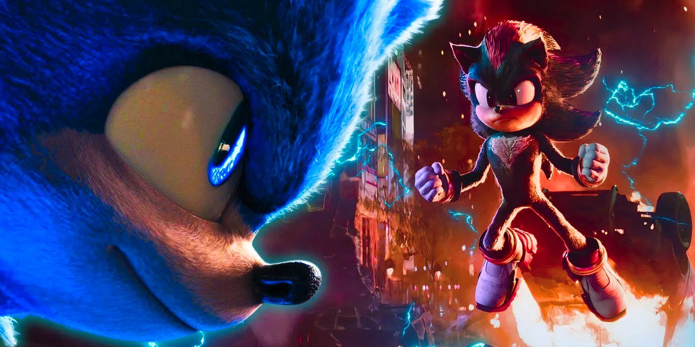 Custom Image of Shadow flying through the air with a car exploding behind him and a close-up os Sonic smiling in Sonic the Hedgehog 3 Image